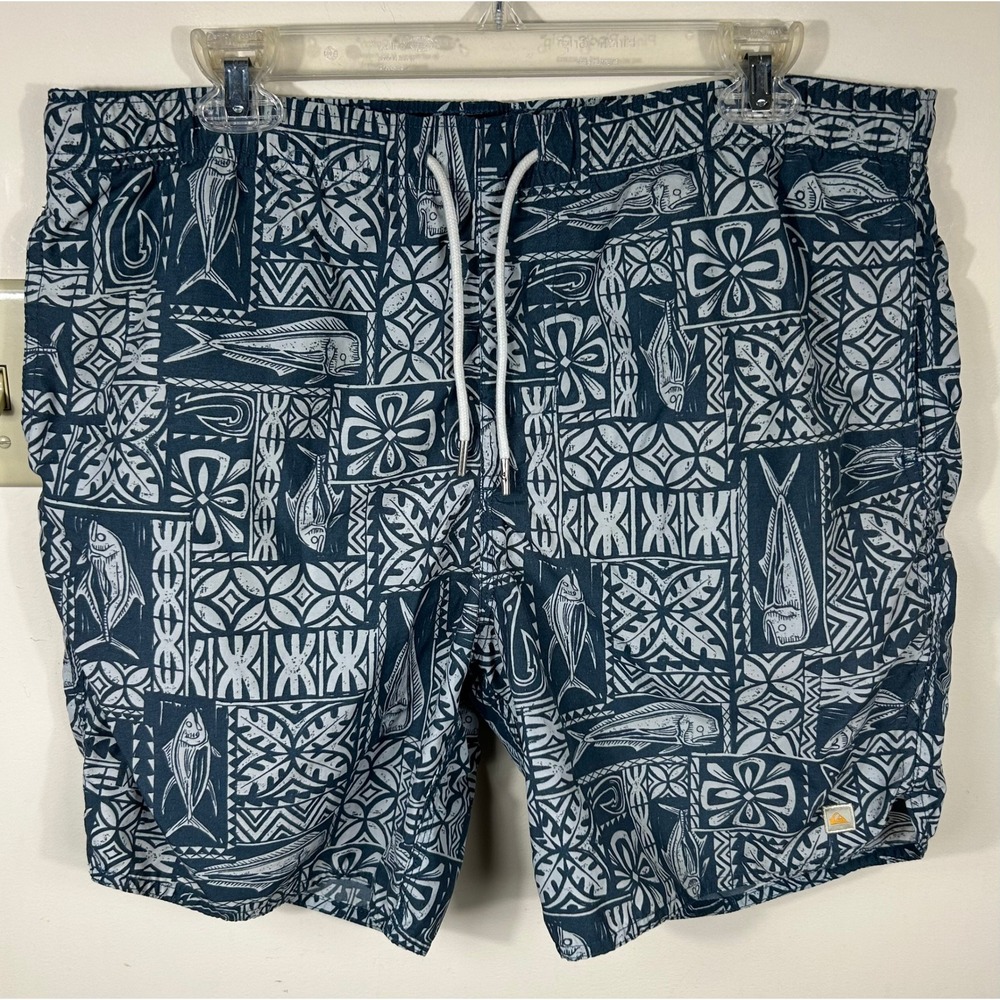 Quiksilver‎ Waterman Swim Trunks Mens M Blue Tribal Fish Board Shorts Nautical